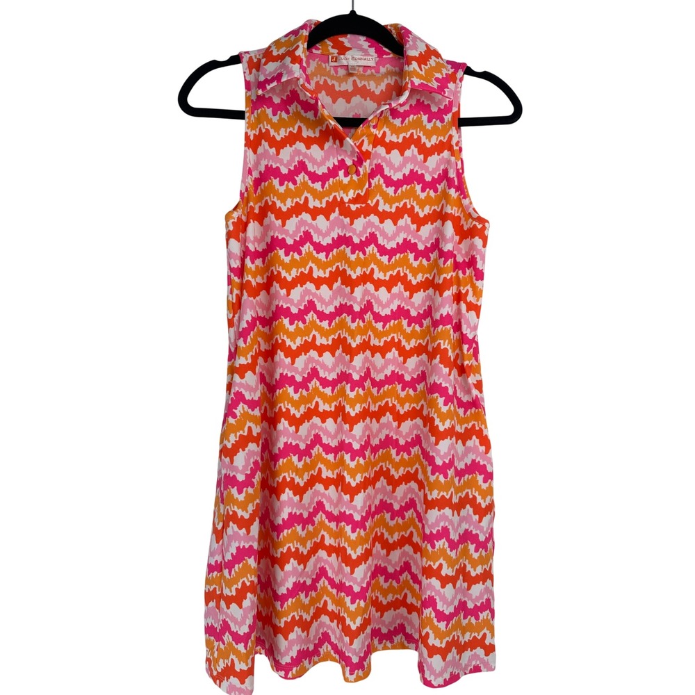 Jude Connally Pink Orange Chevron Ikat Sleeveless Polo Dress Pockets XS 101589
